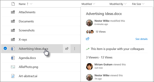 Screenshot of the file hover card that appears when you point to a file in OneDrive or SharePoint